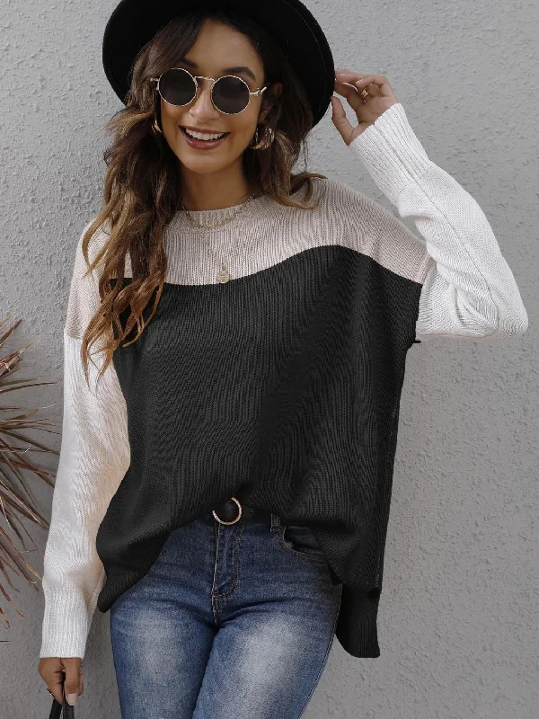 Savings Galore Color Block Round Neck Dropped Shoulder Two-Tone Sweater