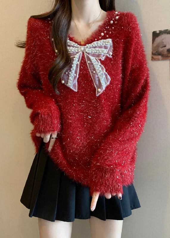 Price Drop French Red Bow Nail Bead New Year Knit Sweaters Winter