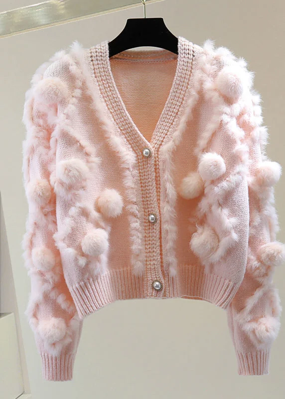 Weekend Bargains to Relish Pink Fuzzy Ball Decorated Cotton Knitted Sweater Long Sleeve