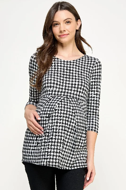 Savings Bonanza Checkered 3/4 Sleeve Front Pleat Maternity Top