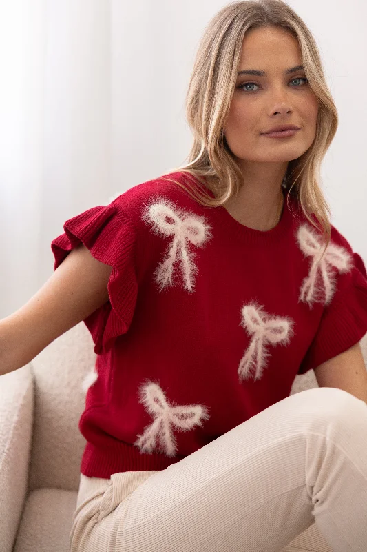 Clearance Event Cherish Ruffle Sleeve Bow Knit Sweater - Red