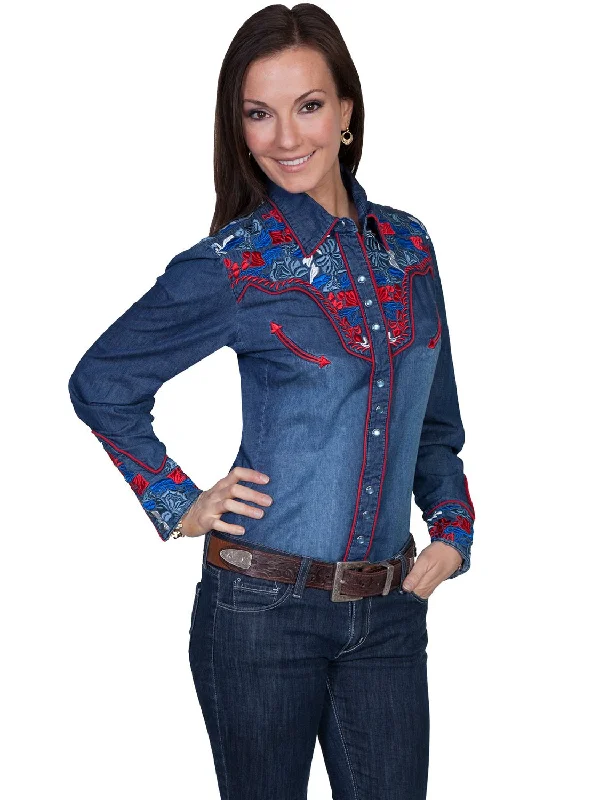 Epic Value Scully Western Womens Denim Polyester L/S Multi-Floral Western Shirt