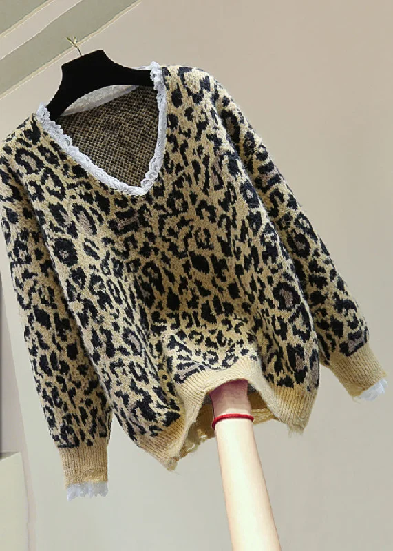 Weekend Specials Just for You Loose Khaki Leopard Lace Patchwork Hole Cozy Cotton Knit Sweater Winter