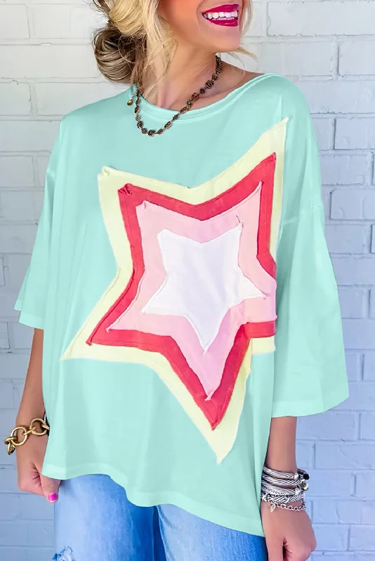 Weekend Shopping Bliss Light Pink Colorblock Star Patched Half Sleeve Oversized Tee